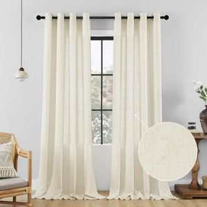 Linnen gordijnen met oogjes, landelijke stijl, voile gordijn, semi-transparante gordijnen voor slaapkamer, kinderkamer, woonkamer, linnenkleur, H 225 x B 140 cm, set van 2, naturel/linnen