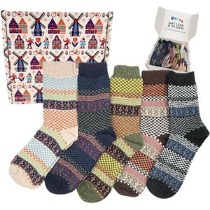 Tutti Footi - Warme Winter Sokken met Wol - Set 'Nisse' van 5 paar met Vintage patroon - Noorse Sokken Dames/Heren maat 38-42