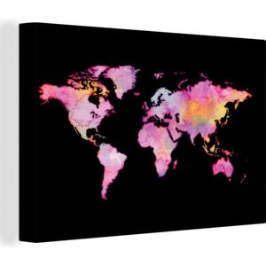 Canvas Wereldkaart - 30x20 - Wanddecoratie Wereldkaart - Waterverf - Roze