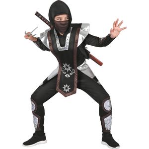 LUCIDA - Zwart en zilverkleurig shuriken ninja kostuum voor kinderen - XS 92/104 (3-4 jaar)