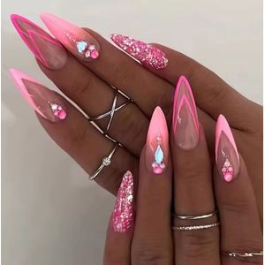 Nep nagels - Plak nagels - 24 stuks - Almond shape - Roze licht roze steentjes - Kunstnagels - Press on nails - Almond shape nails - Lange nagels - Fake nails