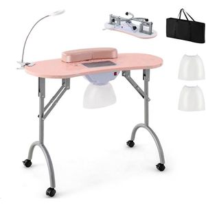 Vouwbare Manicure Tafel – Met Elektrische Stofzuiger, Flexibele LED Lamp en Polskussen, Roze