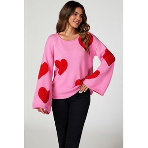 Oversized rode trui met wijde mouwen en roze hart