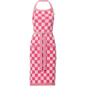 Knit Factory Gebreide Keukenschort Dames & Heren - Kookschort - Kokssloof - Keukensloof - Koksschort - Barbecue schort Block - Ecru/Fuchsia - Roze - One Size - Met steekzakken