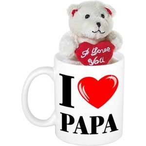 Vader cadeau I Love Papa beker / mok 300 ml met beige knuffelbeertje met love hartje - Vaderdag cadeautje