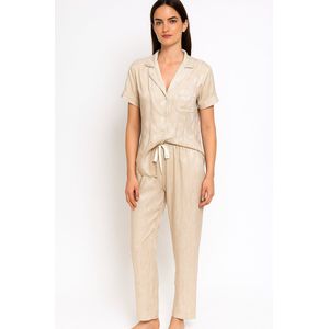 Dames 2- Delige -Pyjama- Luxe Pyjamaset- Nachtkleding- Homewear- Satijn- Cadeau voor Vrouwen- Beige Maat M