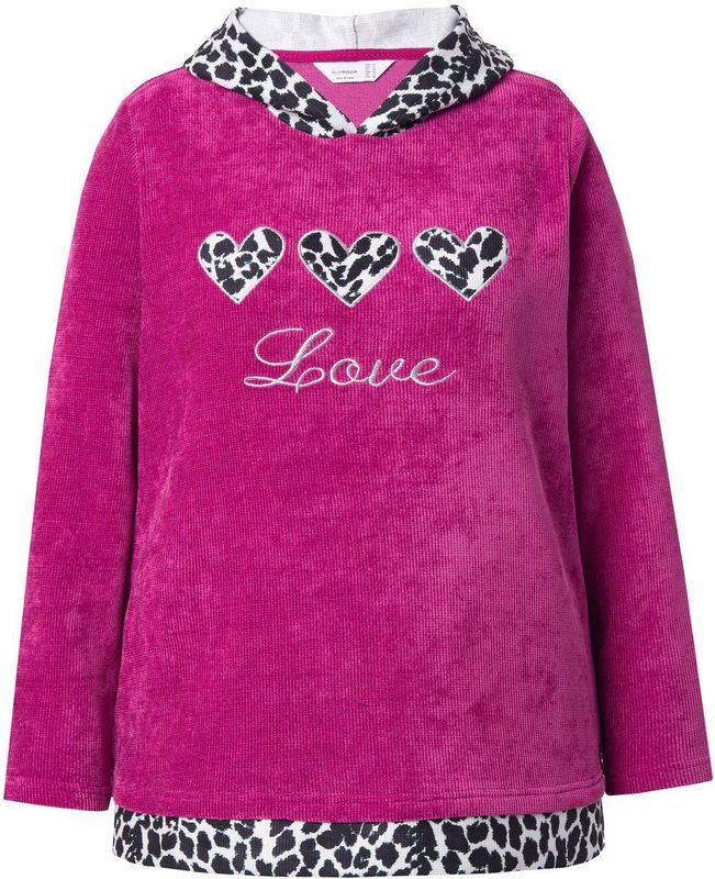 MIAMODA - Dames - Hoodie trui met capuchon pluizige sweatstof luipaard-details - Donkermauve - Maat 42