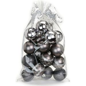 20x stuks kunststof/plastic kerstballen zwart/antraciet mix 6 cm in giftbag - Kerstboomversiering/kerstversiering