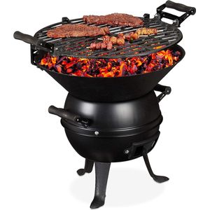 houtskool barbecue, gietijzer en staal, hoogte verstelbaar, draagbaar, bbq compact, rooster Ø 35 cm, zwart