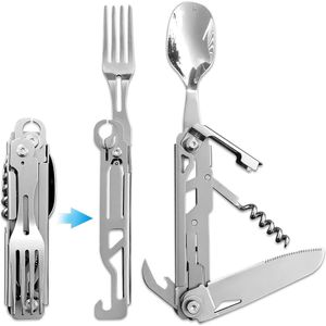 6-in-1 Multifunctionele Camping Bestekset - Opvouwbare Lepel, Vork, Mes, Wijnflesopener en Blikopener - Roestvrij Staal - Draagbare Reistas Comboset
