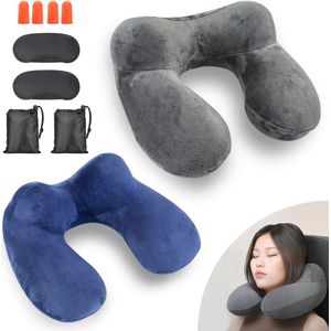 Opblaasbaar Nekkussen 2 Stuks - Comfortabel Reis- en Campingkussen met Blinddoek en Oordopjes