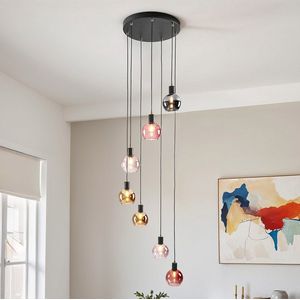 Hanglamp zwart met amber, smoke en roze glas, 7-lichts - Monroe