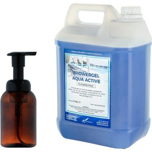 Zeepdispenser 300 ml amber bruin hervulbaar + 5 liter Showergel Aqua Active navulling