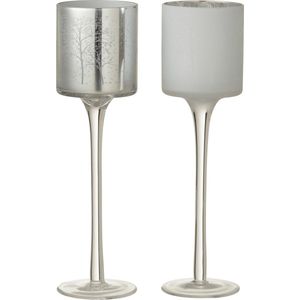 J-Line Theelichthouder Op Voet Boom Glas Wit/Zilver Large Assortiment Van 2