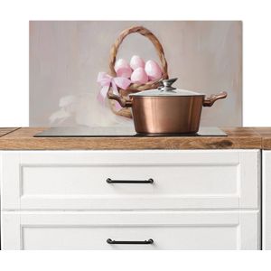 Spatscherm keuken 80x40 cm - Kookplaat achterwand Mand - Eieren - Roze - Muurbeschermer - Spatwand fornuis - Hoogwaardig aluminium