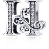 Zilveren alfabet bedel letter H met transparante zirkonia steentjes