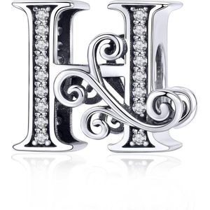 Zilveren alfabet bedel letter H met transparante zirkonia steentjes