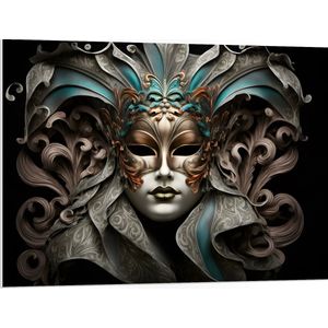 PVC Schuimplaat- Wit Venetiaanse carnavals Masker met Blauwe en Gouden Details tegen Zwarte Achtergrond - 100x75 cm Foto op PVC Schuimplaat