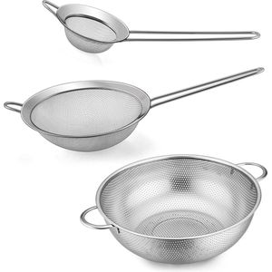 Keukenzeef, fijne netzeef, pasta strainer with handle, micro perforated kitchen strainer, metal strainer- Set of 3