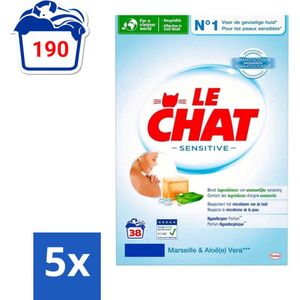 Le Chat Sensitive - Waspoeder - Witte en Gekleurde Was - Marseille & Aloë Vera - 38 Wasbeurten - Bulkverpakking - 5 stuks