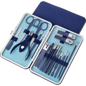 18-Delige Manicure Set en Pedicuresets - Professioneel met Reisset - Met o.a. Nagelknipper, Nagelschaar , Nagelvijl - Pedicure Sets - Donker Blauw