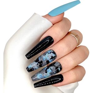 SD Press on Nails - B-194 - Plaknagels met nagellijm - XL Coffin - Blauw Zwart Camo - Set 20 Nagels - Cosplay - Nepnagels - Valse Nagels - Extreem lange nageltips - Nail Art - Handgemaakt - Zwarte Nagels