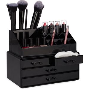 Relaxdays make up organizer - 4 lades - 20 vakken - cosmetica - nagellak - lippenstift houder - 2-delig - zwart
