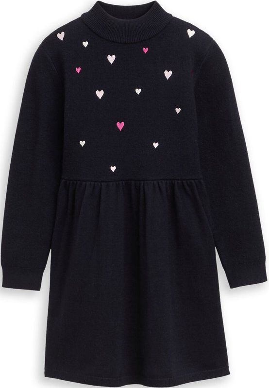 Tom Tailor - Tricot Jurk - Sky Captain - Lange Mouw - Met Hart-applicaties