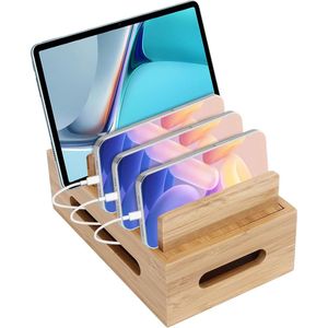 Houten Laadstation voor Meerdere Apparaten - Universele Houder en Dockingstation met USB-Multi-Oplader Organizer voor Telefoon, Tablet, Horloge en Oordopjes