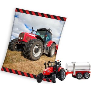 Rode Tractor Fleece deken- 130x170cm- Polyester- 525 gr.- grote warme deken - inclusief speelset met giertank