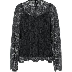 Pieces - Pcolline Ls Lace O-neck Top Wvn - T-shirt - Zwart - Dames