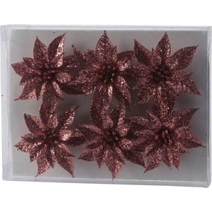 6x stuks decoratie bloemen rozen roze glitter op ijzerdraad 8 cm - Decoratiebloemen/kerstboomversiering/kerstversiering