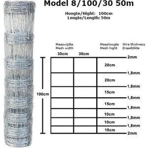 Schapengaas 2.00mm/1.80mm 100cm-8-30cm  50m Gegalvaniseerd