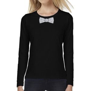 Zwart long sleeve t-shirt met vlinderdas in glitter zilver dames - zwart shirt met lange mouwen en zilveren strik das voor dames XL