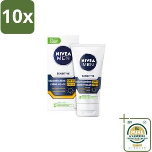 10 x NIVEA MEN - Sensitive - Gezichtscrème met SPF 15 - 75 ml - Grootverpakking - Gevoelige Huid - Gevoelige Mannenhuid - Gezichtscrème - SPF 15 - Alcoholvrije Crème
