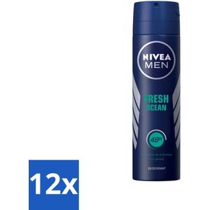 12 x Nivea - Men - Deodorant - Spray - Fresh Ocean - 48 Uur Lang Werkend - 150 ml - NIVEA MEN Deodorant - Anti-transpirant - Deodorant Spray - 48 Uur Bescherming - Ocean Geur