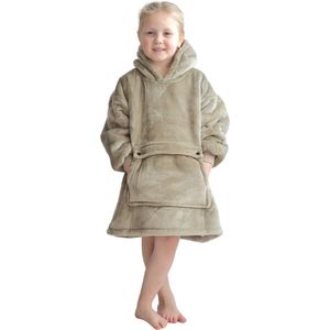 Hoodie deken kind - Fleece kinder poncho - plaid met mouwen en capuchon voor kinderen - oversized hoodie kind - fleece deken met mouwen – hoodie plaid voor kinderen - hoodie blanket- zacht & warm- maat 116 t/m 134 - beige