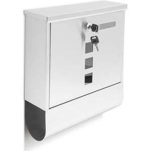 Relaxdays brievenbus - rvs - met slot - 2 sleutels - krantenrol - wandmontage - modern - wit