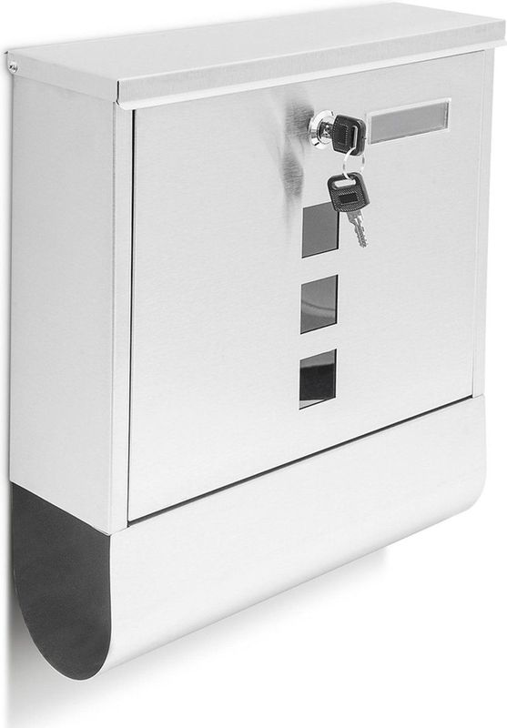 Relaxdays brievenbus - rvs - met slot - 2 sleutels - krantenrol - wandmontage - modern - wit