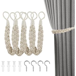 Cream Linen Rope Curtain Holders - Set of 4 | Handmade Tie Backs with Expansion Tube and Eye Nails