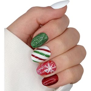SD Press on Nails - No. 30 Candy Cane - Plaknagels met nagellijm - XS Almond - Rood Groen Wit - Set 20 Nagels - Handmade - Korte Nageltips - Kunstnagels - Nail Art - Kerstnagels - Accessoires Feestdagen