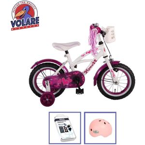 Volare Kinderfiets Heart Cruiser - 12 inch - Wit/Paars - Inclusief fietshelm + accessoires