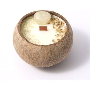 Kaars - Handgemaakte Kokos Kaars - Creme kleur - Met kristallen en gedroogde bladeren - Houten lont - 100% Natuurlijke Sojawas - Geurkaars - Cadeau - Sham's Art