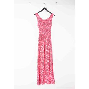 Lange dames jurk Fieke-gebloemd motief-fuchsia wit-maat S/M-strandjurk