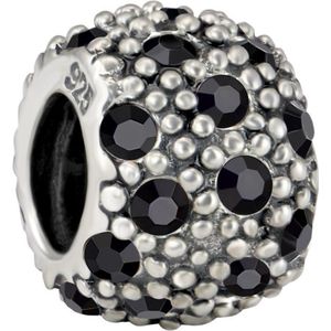 Quiges - 925 - Zilveren - Bedels -Sterling zilver - Beads - Bolletjes Patroon met Zirkonia Zwart Kraal Charm - Geschikt – voor - alle bekende merken - Armband Z498