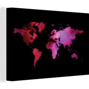 Canvas Wereldkaart - 90x60 - Wanddecoratie Wereldkaart - Waterverf - Roze
