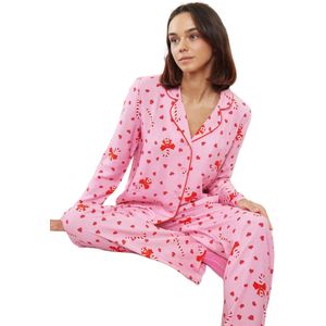 Trendyol Zwart-Multicolor Hart Nieuwjaarsthema Viscose Geweven Pyjamaset Met Biesdetail Thmaw25Pt00135