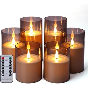 Grijze acryl led-kaarsen met timer en afstandsbediening - set van 6 - werkt op batterijen - vlamloze stompkaarsen - warm wit - dimbaar - diameter 8 x 10/12/15 cm