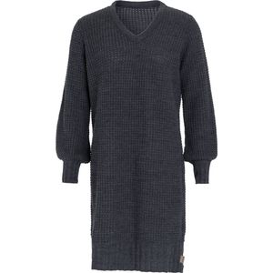 Knit Factory Robin Dames Jurk - Gebreide Trui Jurk - Wollen jurk - Herfst- & winterjurk - Wijde jurk - V-hals - Antraciet - 36/38 - Knielengte