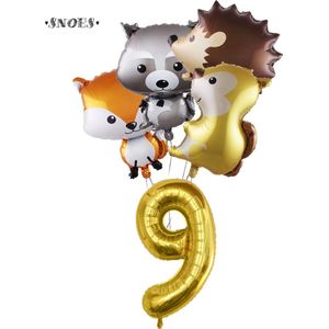 Snoes Ballonnen - Gouden Cijferballon 9 Jaar Set Bosdieren – Dieren Feestpakket - Kinderverjaardag